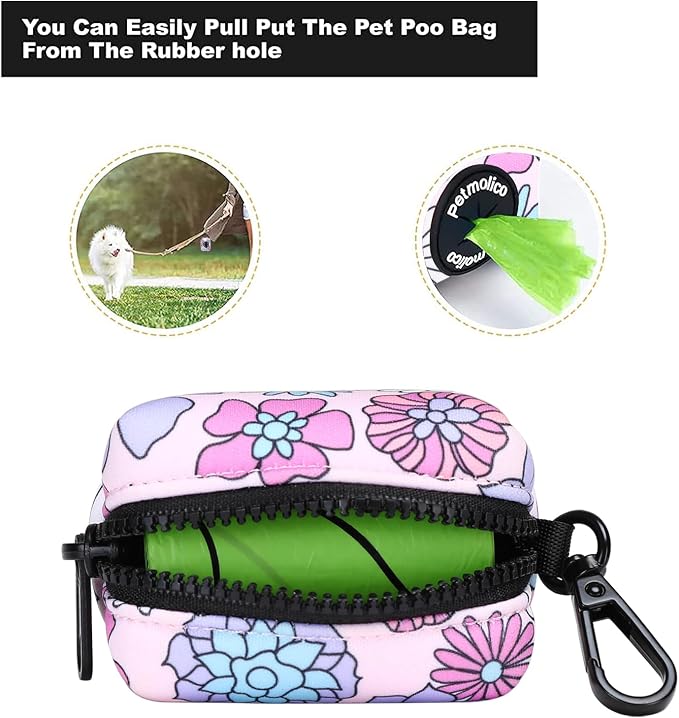 Petmolico Dog Poop Bag Holder Dispenser 2 Pack, Colorful Daisy | Zippered pouch fits any leash, includes free roll of bags, lightweight & portable for daily walks, travel & outdoor use - Image 2
