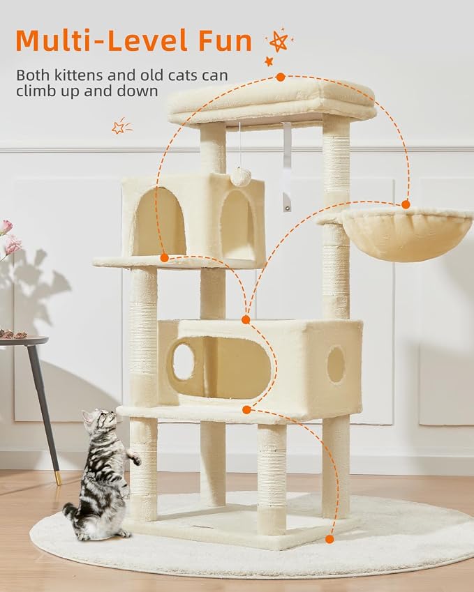 Taoqimiao Cat Tree, 49In Cat Tower for Indoor Cats Large Adult | 2 Luxurious Cat Condos, Thick Padded Top Perch, Adjustable Hanging Baskets, 5 Scratching Sisal Posts, Beige MS029LM - Image 3