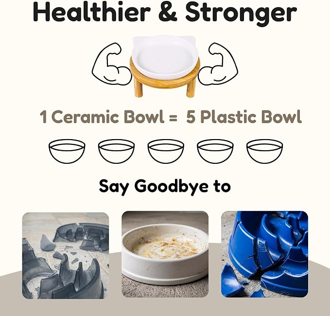 Elevated Ceramic Cat Bowls with Bamboo Stand for Cat Bowl, Whisker Friendly Shallow Cat Plate, Stable Raised Cat Food Riser for Indoor Cats (White, Set of 1) - Image 6