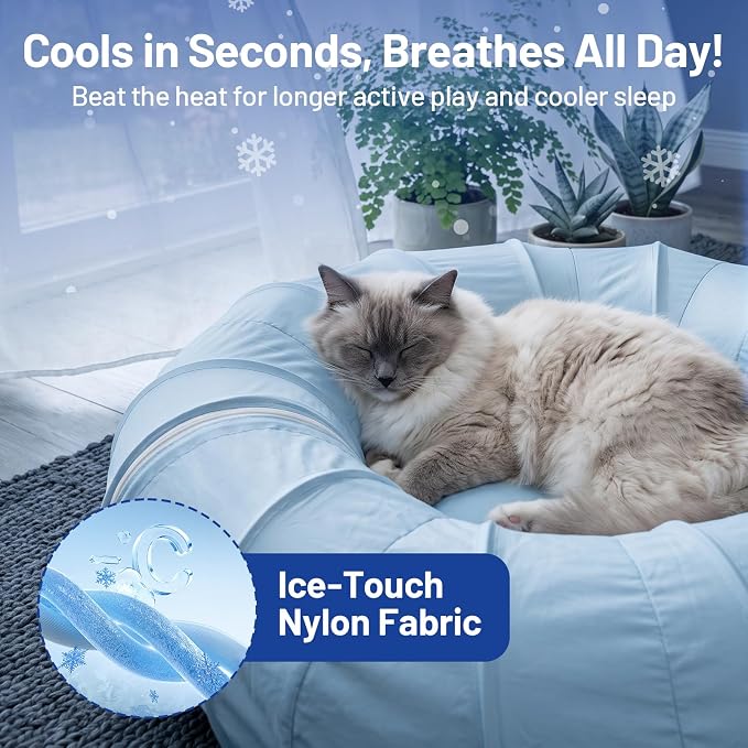 Ice Silk Cooling Cat Tunnel, 39.4in Multi-Cat Family Cat Tube, Blue | Breathable Thin Cat Play Tunnel, Lockfill Cotton Pad Included, Waterproof & Anti-Static, Ideal Summer Cat Toy - Image 2