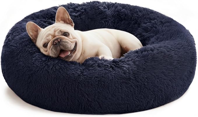 Love's cabin Calming Cat Bed for Indoor Cats, Anti-Anxiety Donut Round Dog Bed, Fluffy Faux Fur Washable Pet Bed for Small Medium Dogs and Cats, Navy, 24in by Lovescabin