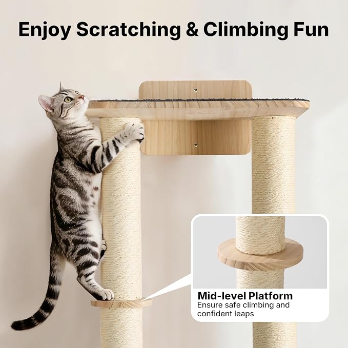 Veehoo Cat Wall Shelves, 57" Cat Wall Climber with Dual Sisal Scratching Posts and Carpeted Perch, Cats Wall Scratcher Furniture for Climb, Play and Rest - Image 4