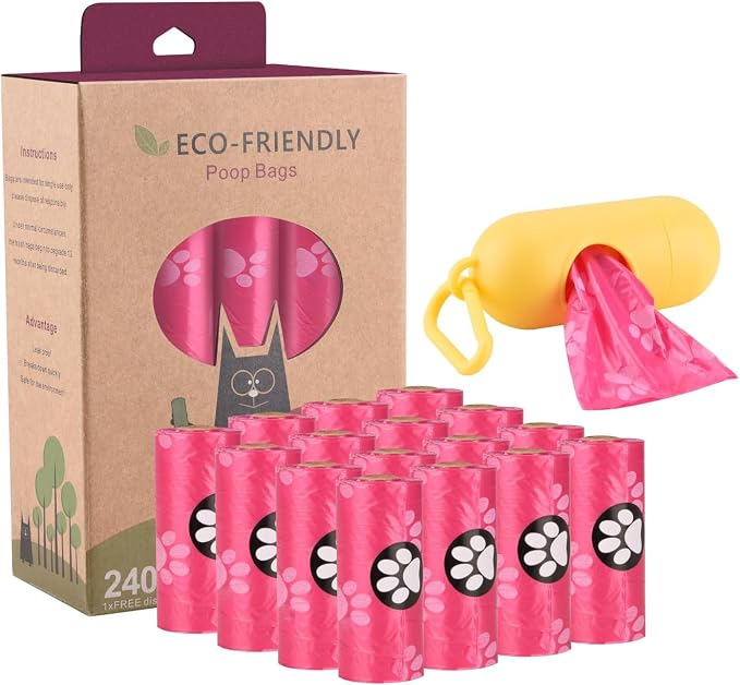 WDFAACK Biodegradable Dog Poo Bags with Holder-240 Large Poop Bags, Corn Starch Blended Compostable Bag, Extra Thick Strong Leak Proof Waste Bag for Dogs (Pink) by WDFAACK