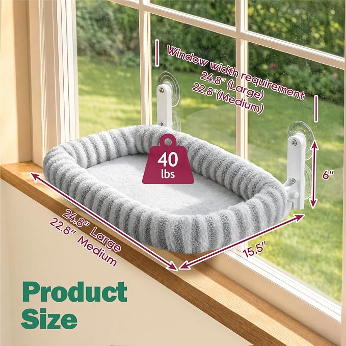 Zakkart Mellow Foldable Cat Window Perch, Upgraded Suction Cups (Gray, M) | Curtain-Friendly, Dual-Fabric Striped Machine Washable Bed, Heavy Duty ABS & Metal Frame, Hold up to 40 lbs., 22.8"W x 15.5"D - Image 6