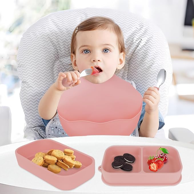 Travel Silicone Baby Feeding Set with 316 Stainless Steel Spoon & Fork ,Silicone Suction Plates, Foldable Bib, Storage Bag - Portable Infant Toddler Utensils, 6-Piece BPA-Free Dishware Kit（pink） - Image 8
