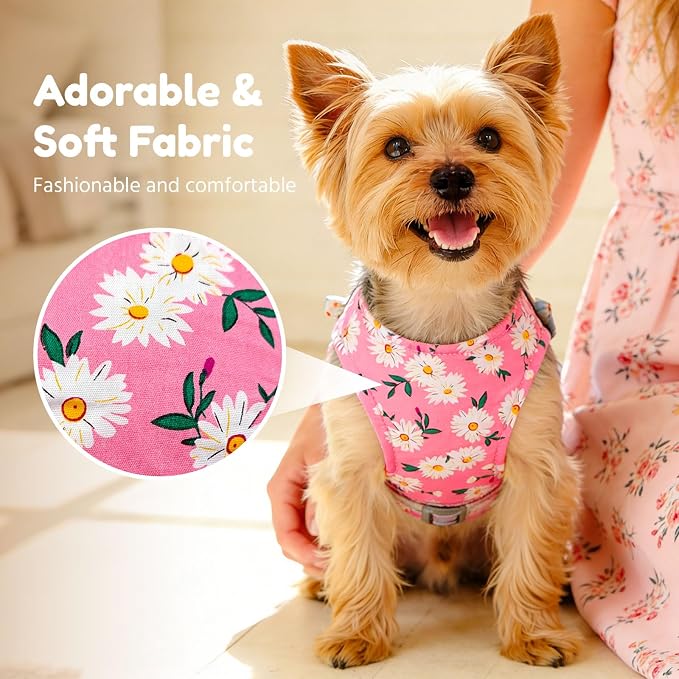BAEJMJK Dog Harness and Leash Set with Bow Knot No Pull Pet Daisy Floral Harness with D-Ring Soft Mesh Dog Harness Vest Set Escape Proof Princess Puppy Harness for Small Girl Dogs Cats（Pink XS） - Image 3