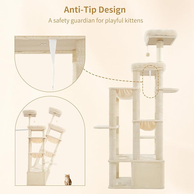 Heybly Cat Tree, 71-Inch Tall Cat Tower for Large Maine Coon Cats HCT03MG | Cat Condo Furniture with Extra-Large Baseboard, Multi-Level Platforms, 2 Hammocks and 12 Scratching Posts, Beige - Image 8