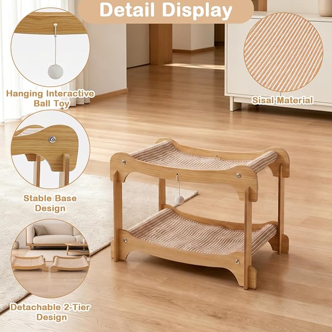Two-Tier Sisal Cat Scratcher Bed, Solid Cats Scratching Post Hammock Lounge for Indoor Cats, Comfortable Cat Bed Natural Sisal Scratch Pad for Cats Scratcher Lounge, Sturdy Wooden Cat Furniture - Image 3