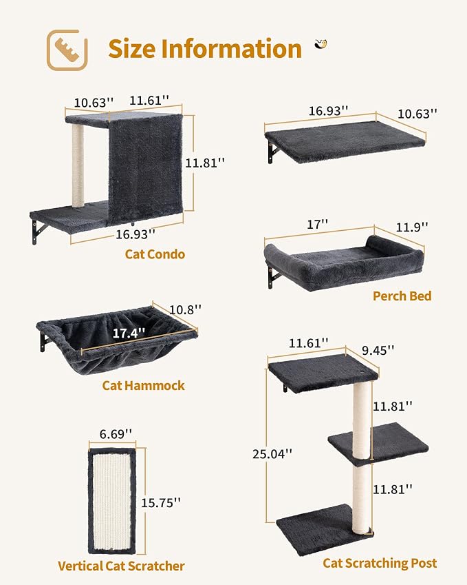 Aechonow Heavy Duty Cat Wall Shelves for Large Cats, 6-in-1 Cat Furniture | 17" × 11.9" Large Perch Bed and Hammock, Cat Climbing Wall Systems with Vertical Cat Scratcher - Image 2