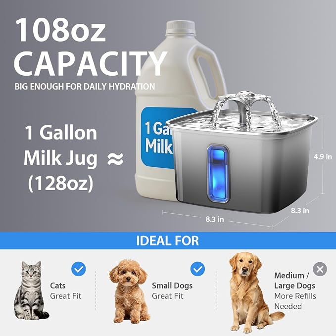 Veken Innovation Award Winner Stainless Steel Cat Water Fountain, 108oz | Automatic Pet Fountain Dog Water Dispenser with Replacement Filters & Silicone Mat for Cats, Dogs (Velvet Black) - Image 4