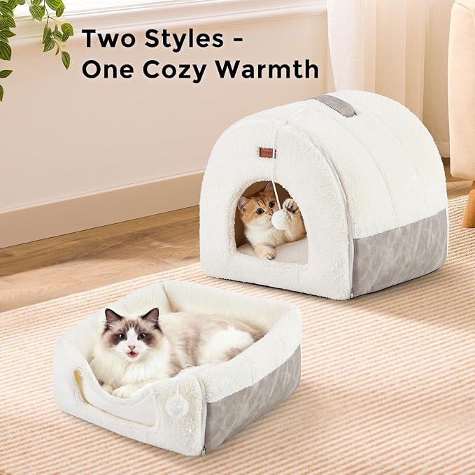 ZOMISIA 2in1 Cat Bed for Indoor Cats Foldable Pet cave with Washable Pillow | 15 inch, Enclosed Cat Hideaway with Non-Slip Bottom, Cozy Cat Tent for Anxious Kitten, Easy to Assemble, with Fluffy Ball - Image 2