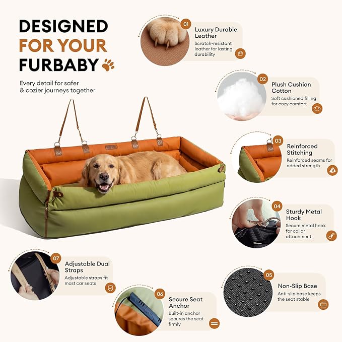 FUNNY FUZZY Leather Dog Car Seat for Large Size Dogs, Pet Booster Car Seats | Waterproof Car Seat with Safety Clip-On Leash, Soft Fabric Car Dog Bed Filling Memory Cotton, Washable Travel Pet Bed(Green) - Image 2