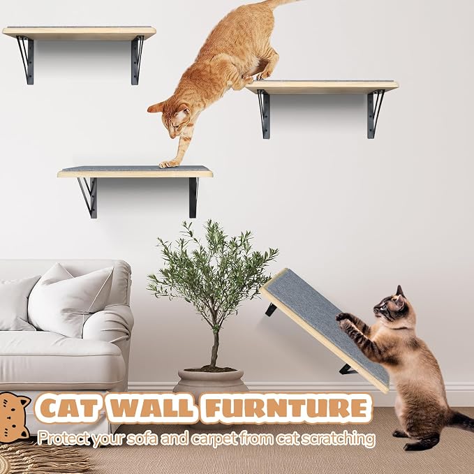 Burlywood Cat Furniture Indoor Set of 2: Wood Shelves with Scratching Pad, Climbing Shelf for Sleeping & Playing, Window Perch for Big Cats - Image 2