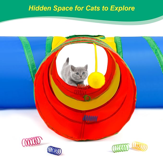 Cat Tunnel 4 Way Collapsible, Interactive Cat Toys for Indoor Cats, 12 PCS Cat Springs Toy Kitten Toys Pack, Large Rainbow Bunny Tunnel Tube with Peephole, Pet Tunnels for Cats Kitty Rabbits - Image 5