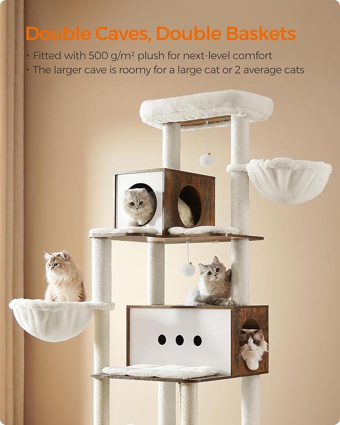 Feandrea Cat Tree, 75.6-Inch Modern Cat Tower, Tall Multi-Level Condo with 2 Caves, 2 Hammocks, 4 Scratching Posts, Self-Groomer, Tunnel, Perch, Rustic Brown UPCT193X01 | Tall Cat Tower, 4 Scratching Posts, Self-Groomer, Tunnel, Perch, Rustic Brown, CA... - Image 3