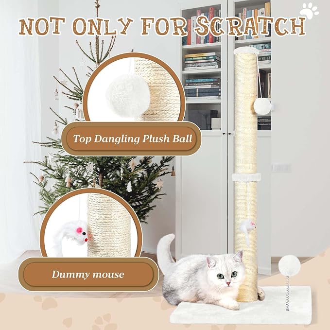 ANWA 32" Tall Sisal Cat Scratching Posts Tree for Indoor Cats Adults, White | Sisal Cat Scratcher, Small Space, Cat Post with Dangling Plush Toys for Indoor Cats, 15.7" Stable Base, Cat Furniture - Image 4