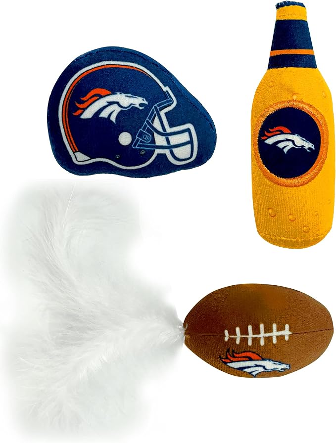 Best Plush CAT Toy - NFL Denver Broncos Complete Set of 3 piece Cat Toys Filled with Fresh Catnip. Includes: 1 Helmet Cat Toy, 1 Football Cat Toy with Feathers & 1 Beer Bottle. Beautiful Team Logos - Image 2