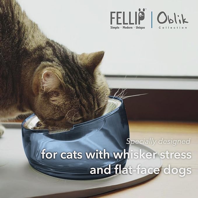 Felli Pet Oblik Whisker Fatigue Cat Food Bowl Raised Stainless Steel Shallow Dish, Pet Design Anti Vomit Tilted Metal Plate Feeder Elevated Acrylic Base (Shadow, 0.5 Cups Shallow Dish) - Image 3