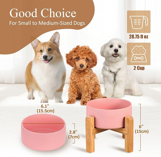 Ceramic Elevated Dog Bowl with Bamboo Stand, for Small & Medium Dog, Pink - Image 2