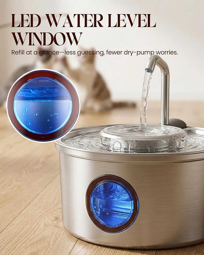 Hicuper Stainless Steel Cat Water Fountain with Bowl 108oz/3.2L | Removable Water Bowl,Water Level Window,Quiet Pump,Multi-Filter,Water Tap,3 Filters,for Dog Cats - Image 7