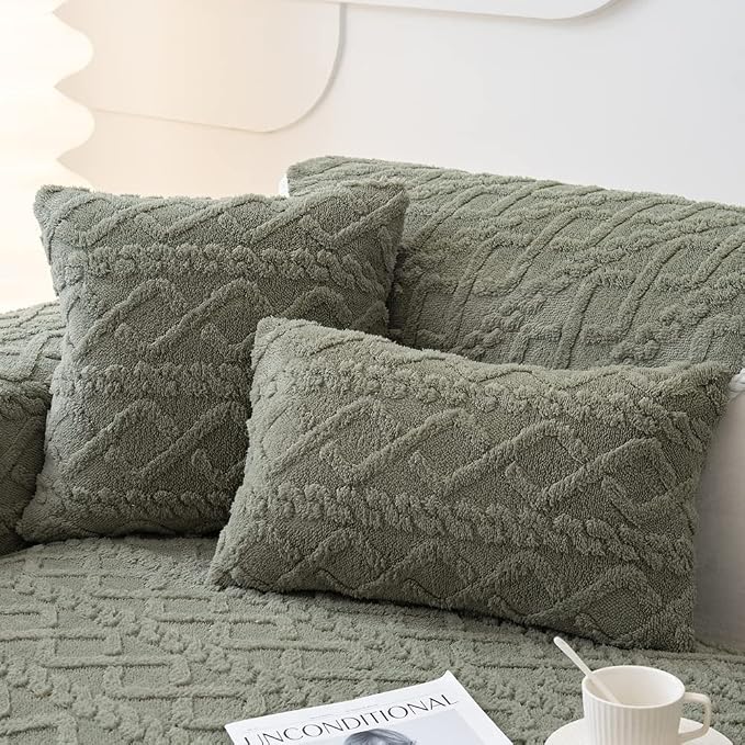 vctops Pack of 2 Geometric Jacquard Plush Throw Pillow Covers for Couch Bed Sofa Farmhouse Neutral Solid Color Soft Cushion Covers (Army Green,18"x18") by vctops