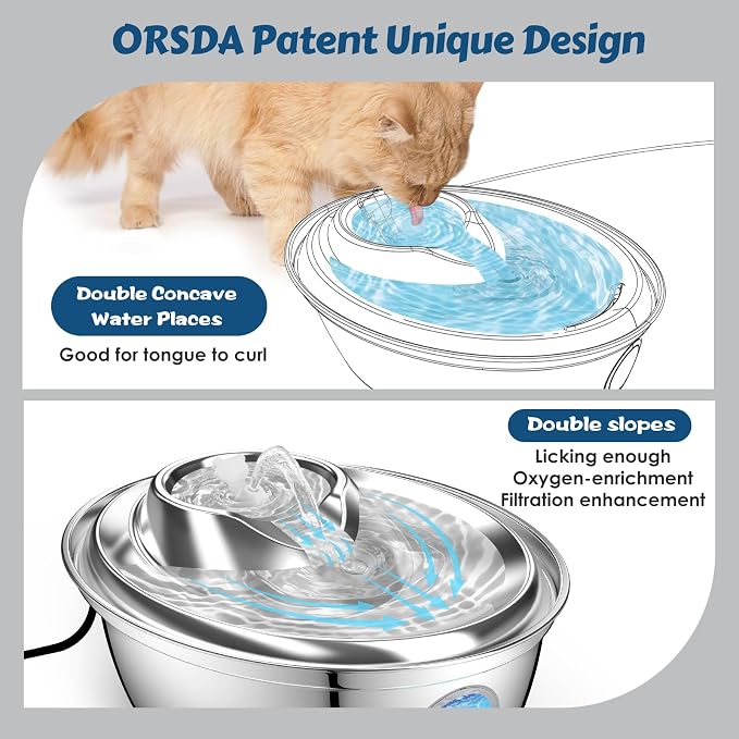 ORSDA Cat Water Fountain Stainless Steel, Cat Fountains for Drinking, 67oz/2L Automatic Pet Fountain Water Dispenser with Water Level Window for Cats and Small Dogs - 3 Filters +1 Pump Sponges - Image 2