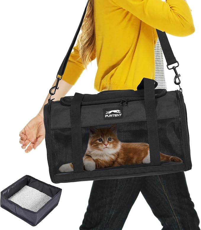 Pet Carrier Airline Approved, Soft Sided Cat Carrier for Small Pets up to 13 lbs, TSA Approved Dog Travel Bag, Portable Soft Sided Pet Carrier for Kittens and Puppies (Black, Travel Litter Box) by FURTENT