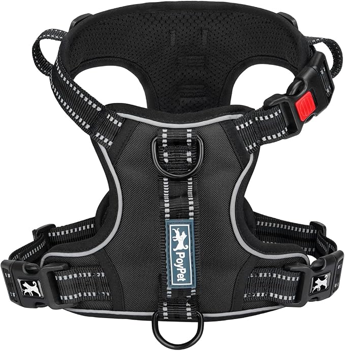 PoyPet No Pull Dog Harness with 3 Leash Clips and Vertical Handle | No Choke, Reflective, Adjustable, Soft Padded, Dog Vest for Large Dogs, Walking Training, Black, XL by PoyPet