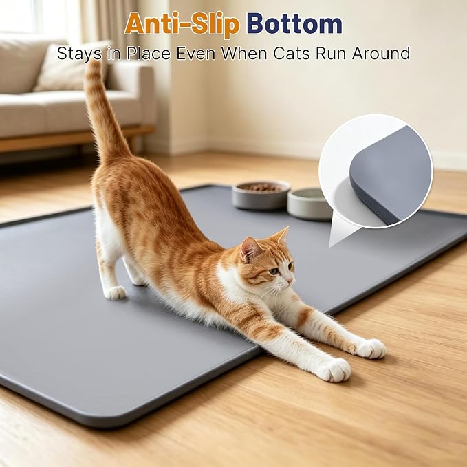 Cat Litter Mat, 51x25.6in Waterproof Silicone Litter Box Mat, Grey | XL Cat Mat Fits 1-3 Litter Boxes, Litter Trapping Mat with Raised Edges, Non-Slip Bottom, Easy Clean Kitty Litter Mat - Image 6