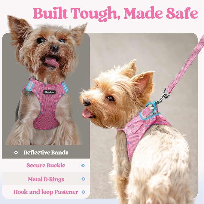 rabbitgoo Dog Harness Medium Sized and Leash Set, Step-in Puppy Pet Vest | Light, Soft, Breathable Air Mesh, Easy on and Remove with Hook & Loop, Secure Reflective for Walking, Pink & Plaid Trim L - Image 7