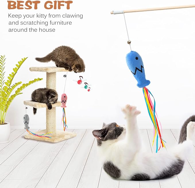 Natural Wood Cat Wand Toy with Ribbon Fish Teaser - 3pcs, 16 Inch, Indoor Cat Exerciser & Playing Kitten Toy, Bonus 5pcs Catnip Sticks for Teeth Cleaning - Image 5