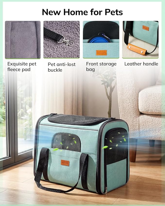 Morpilot Pet Carrier for Large Cats, Puppies & Small Dogs Up to 20lbs | Escape-Proof with Locking Zippers, Dual-Sided Cushion, Safety Buckle for Car & Vet Travel, Includes Foldable Bowl (Green) - Image 5