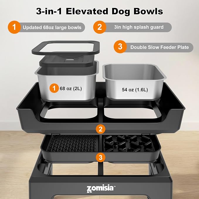 ZOMISIA Elevated Dog Bowls, 6 Height Adjustable Raised Dog Bowl Mess Proof | No Spill Water Bowl, 3-in-1 Dog Bowl Stand, Double Deck, 2 Stainless Steel Bowls, Licking Plate, For Small Medium Large Pets - Image 8