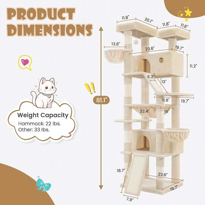 SHA CERLIN 81in Multi-Level Tall Cat Tree Tower for Indoor Kitties/Larger Cat Condo Furniture with Hammock/Cozy Pussycat Perches/Sisal Scratching Posts/Pet House/Wide Base/Beige - Image 2