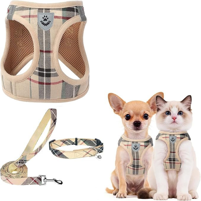 PUPTECK Dog Harness, Collar and Leash Set No Pull for Small Medium Sized | Plaid Puppy Step-in Escape Proof Reflective No Choke Pet Cat Adjustable Walking Vest by PUPTECK