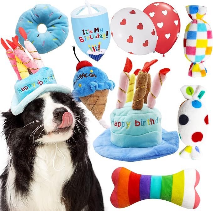 lilfrd 9Pcs Blue Dog Birthday Toy Set, Squeaky Hat Bandana Gift for Dogs | Birthday Gift Pack, Soft Plush, Small Medium Puppy Friendly by Lilfrd