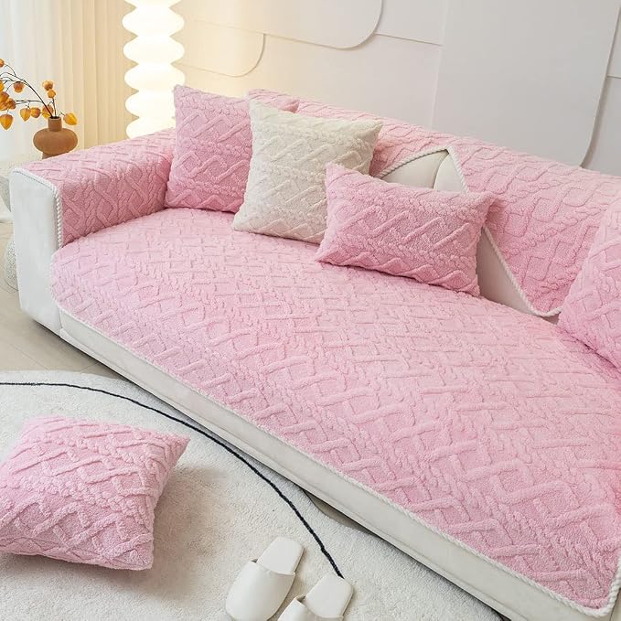 vctops Geometric Jacquard Plush Sofa Couch Covers Farmhouse Neutral Non Slip Sectional Couch Cover Soft Warm Sofa Slipcover for Dogs, Children, Pets Furniture Protector (Pink,43"x82") - Image 5