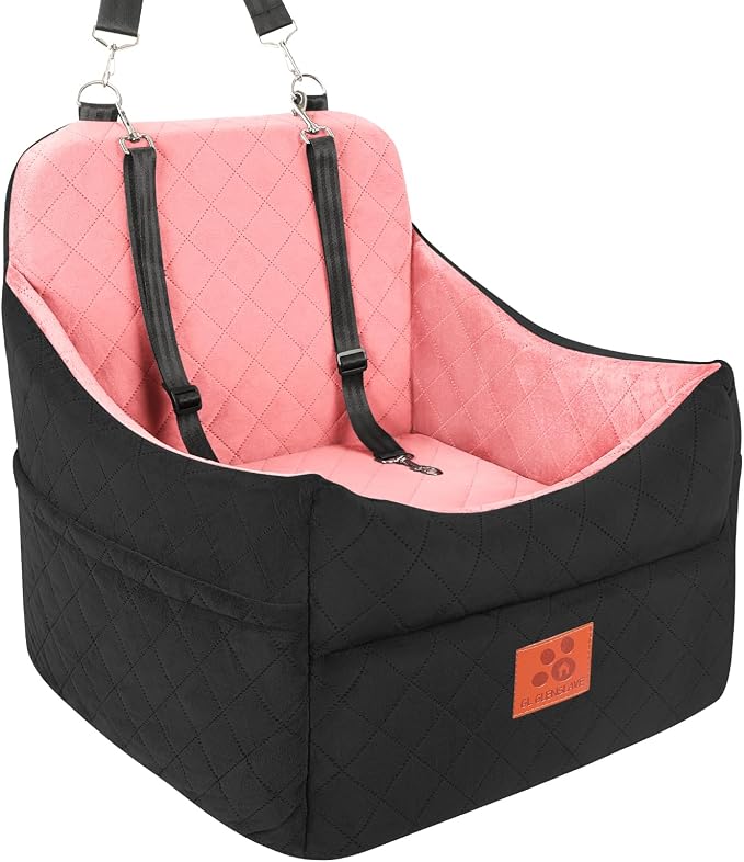 GL GLENSLAVE Dog Car Seat for Small/Medium Dogs, Dog Booster Car Seats with Thick Cushion for Dogs Under 35 lbs, Detachable Washable Pet Carseat with Storage Pockets, 2 Safety Belts(Black/Pink) by GLGLENSLAVE