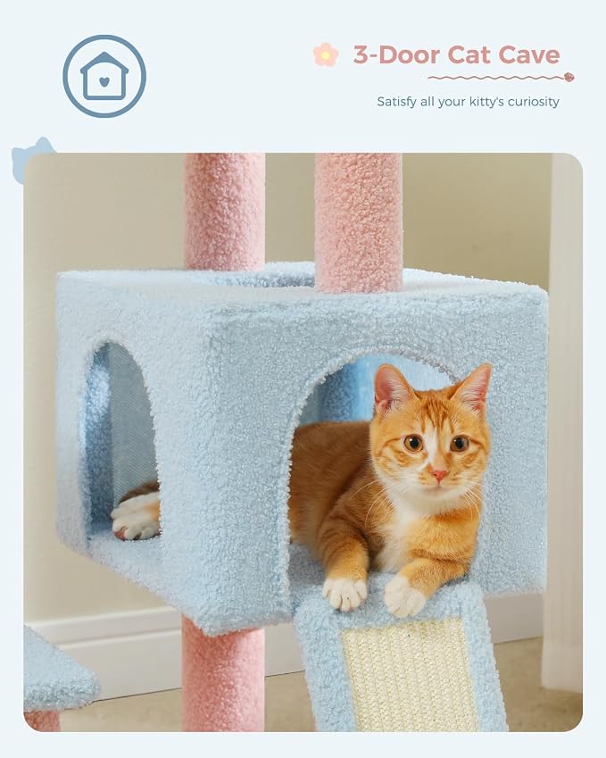Flower Cat Tree 47.2" Multi-Level Cat Tower with Sisal Covered Scratching Posts, Cute Cat Condo for Indoor Small Medium Cats, Pink Top Perch, Ramp, Fluffy Ball, Blue - Image 3