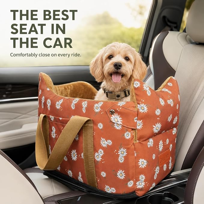 Dog Car Seat for Small Dogs 5-15 lbs,Cofe Color | Pet Travel Booster Seat with Safety Leash, Detachable Seat Belt,Storage Pockets - Image 4