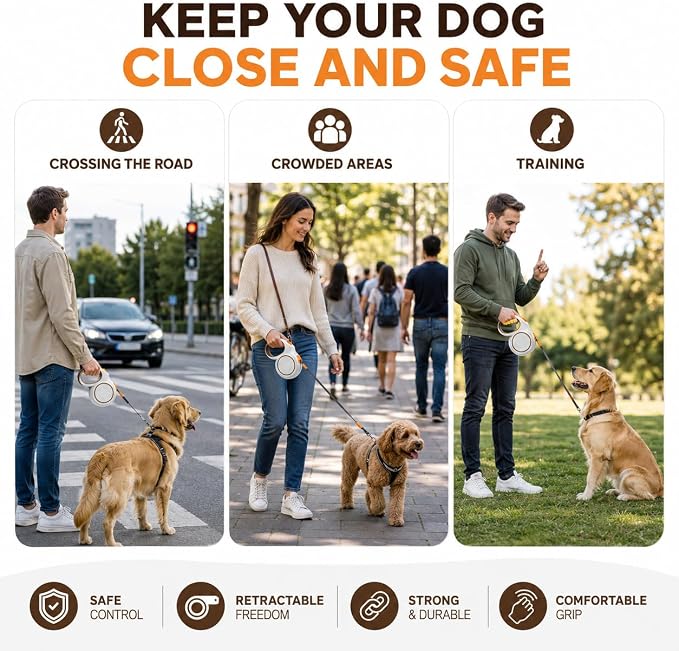 16.4 FT Heavy Duty Retractable Dog Leash for Dogs Up to 110 lbs, Strong Nylon Tape, 360° Tangle-Free Outlet, One-Handed Brake & Lock, Stainless Steel Spring, Comfortable Grip - Image 3