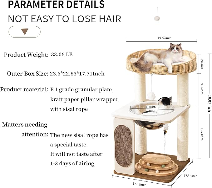 Modern Cat Tree for Indoor Cats, 30 in Cat Tower with Basket Bed | Clear Space Capsule, Interactive Play Base, 8 cm Thick Sisal Scratching Posts, Plush & Cooling Mats, Sturdy Structure - Image 7