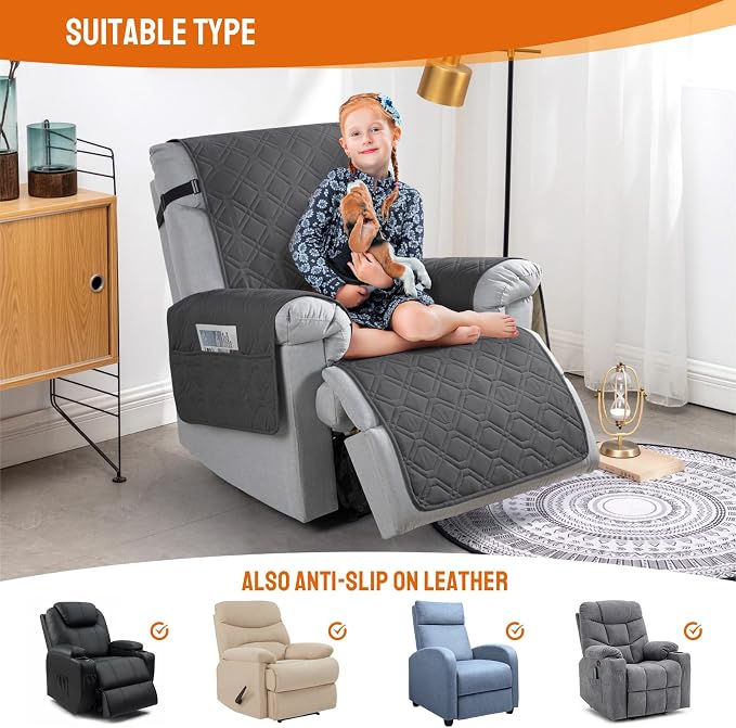 VANSOFY 100% Waterproof Recliner Chair Covers, Recliner Cover Non-Slip Dog Chair Cover Furniture Protector Washable Slipcover with Pocket, Elastic Straps for Pets, Dogs(Charcoal Gray, 30") | Non-Slip, Slipcover with Pocket, Furniture Protector, Elastic... - Image 5