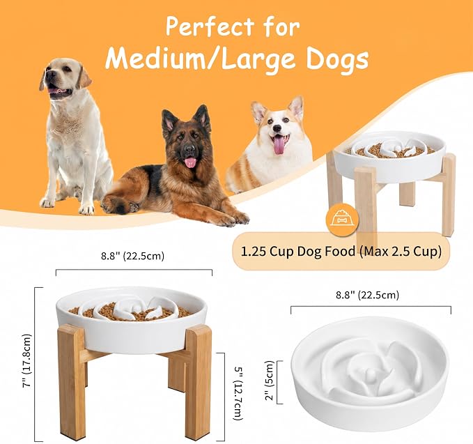 Elevated Slow Feeder Dog Bowl - Ceramic Food Dish with Bamboo Stand - Raised Maze Design - Ideal for Medium to Large Dogs - White - 8.8 inch (Pack of 2) - Image 2