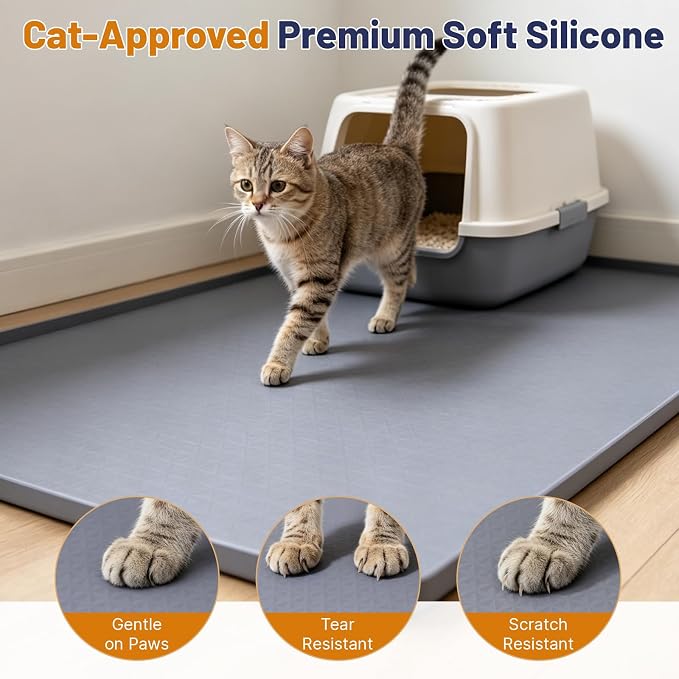 Cat Litter Mat, 51x25.6in Waterproof Silicone Litter Box Mat, Grey | XL Cat Mat Fits 1-3 Litter Boxes, Litter Trapping Mat with Raised Edges, Non-Slip Bottom, Easy Clean Kitty Litter Mat - Image 5