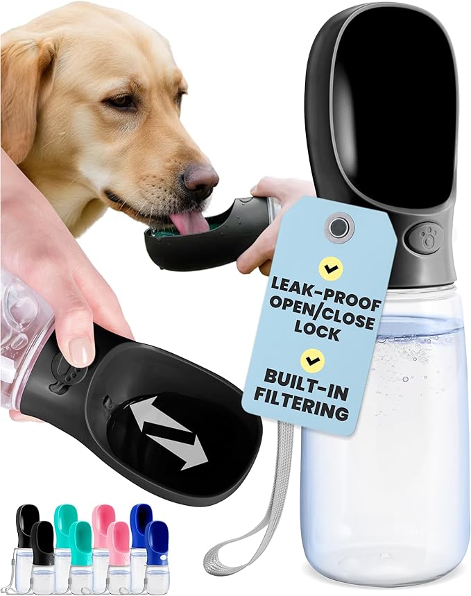 MalsiPree Dog Water Bottle - 19 Oz, Black, BPA-Free - Portable & Lightweight Water Dispenser with Bowl for Dogs - Leak-Proof for Travel, Trail Hiking, Park Visit, Camping & Beach Days by MalsiPree