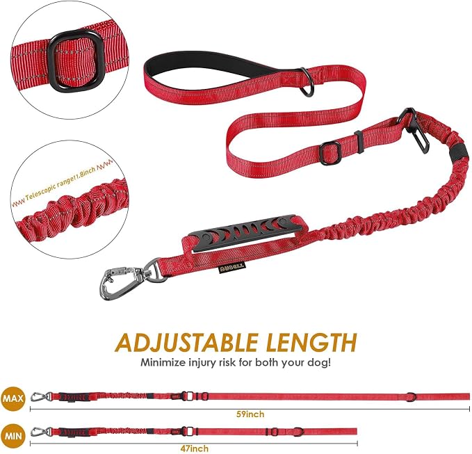 AUBELL Tactical Dog Leash Heavy Duty,4-6ft No Pull Bungee Leash,Red | Reflective Dog Leash for Medium Large Dogs with Comfortable Padded Double Handle,Car Seat Belt,360 Degree Rotating Carabiner - Image 6
