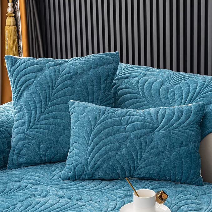 Set of 2 Palm Leaves Decorative Square Throw Pillow Covers Soft Chenille Plush Quilted Cushion Covers for Couch Sofa Bed (Blue,18"x18") by WelcometoXSlive
