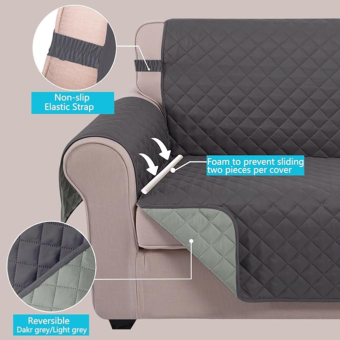 U-NICE HOME Large Sofa Cover Reversible Couch Cover, Dark Grey/Light Grey | 78''Oversized, Washable, Pet Friendly, Elastic Straps, Water Repellent, Furniture Protector Mat for 3 Cushion Couch - Image 3