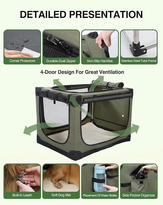Veraste 30" Soft Collapsible Travel Dog Crate for Medium Dogs,Green | 4-Door Foldable Travel Crate,breathable mesh, foldable with storage bag - Image 7